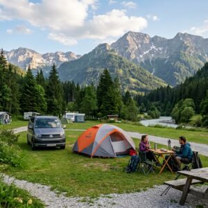An alpine campsite in a grassy valley with tents, a minivan, and a couple at a picnic table, all framed by dense forests and rugged mountain peaks.