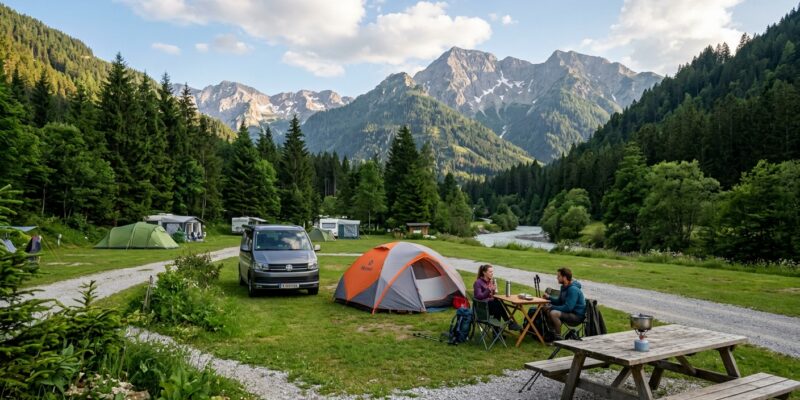 An alpine campsite in a grassy valley with tents, a minivan, and a couple at a picnic table, all framed by dense forests and rugged mountain peaks.