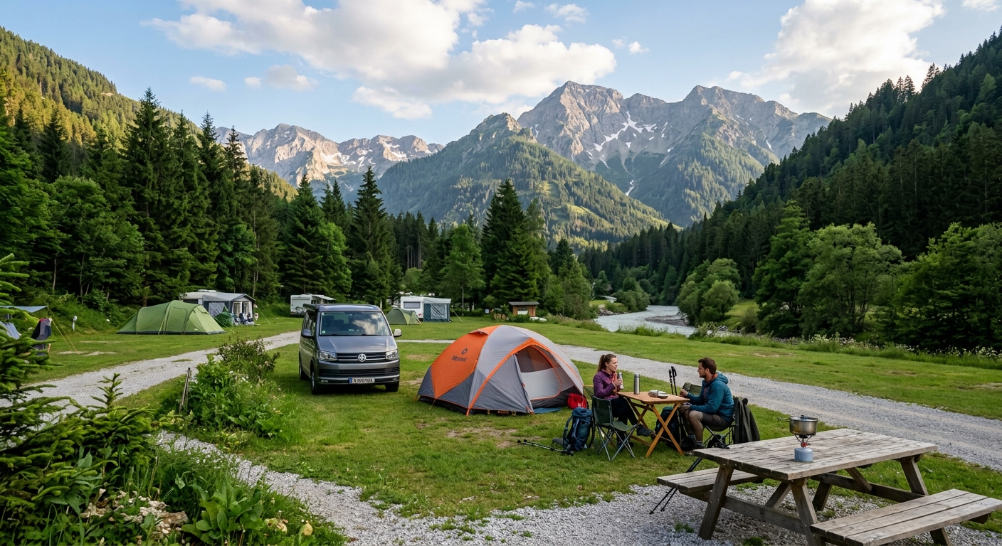 An alpine campsite in a grassy valley with tents, a minivan, and a couple at a picnic table, all framed by dense forests and rugged mountain peaks.