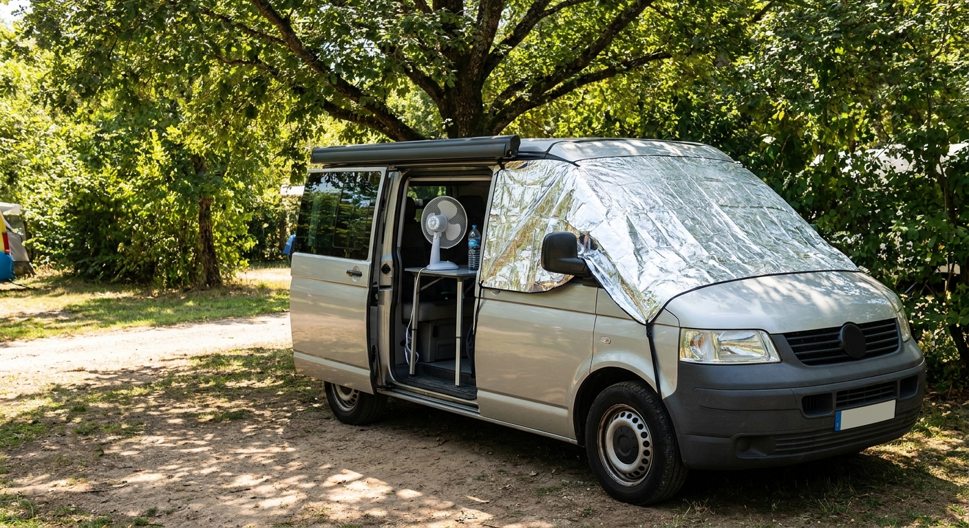Wohnmobil kühlen im Sommer, fotorealistisches Photo, kein text