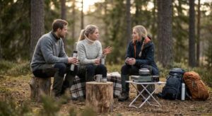 Menschen auf dem Campingplatz Camping Paradise Garden die Kaffee trinken und im Wald sitzen