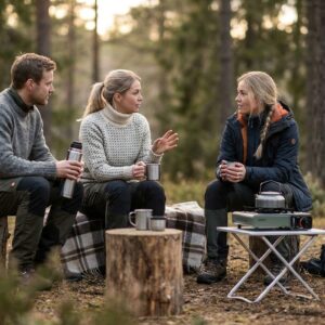 Menschen auf dem Campingplatz Camping Paradise Garden die Kaffee trinken und im Wald sitzen
