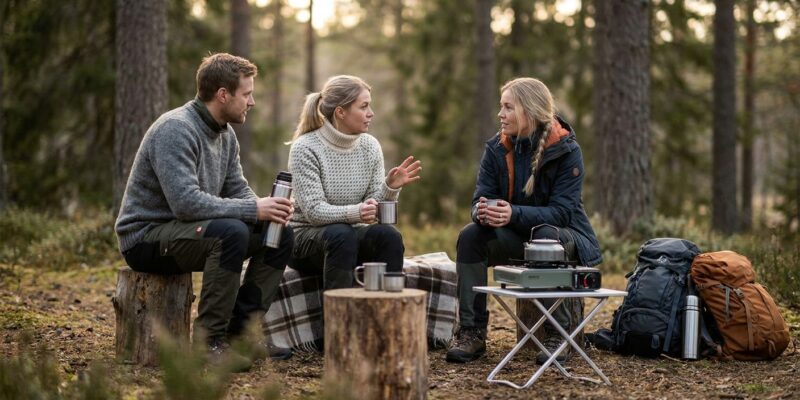Menschen auf dem Campingplatz Camping Paradise Garden die Kaffee trinken und im Wald sitzen