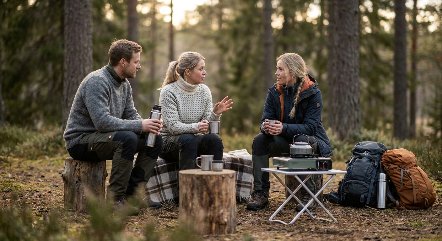 Menschen auf dem Campingplatz Camping Paradise Garden die Kaffee trinken und im Wald sitzen