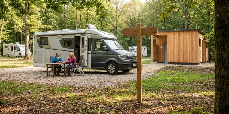 Kurzzeitstellplatz Wohnmobil im Wienerwald: 90 bis 100 m² Parzellen, Strom, Trinkwasser, Abwasser und 5-Sterne-Sanitär. 30 km nach Wien, ideal Richtung Ungarn.