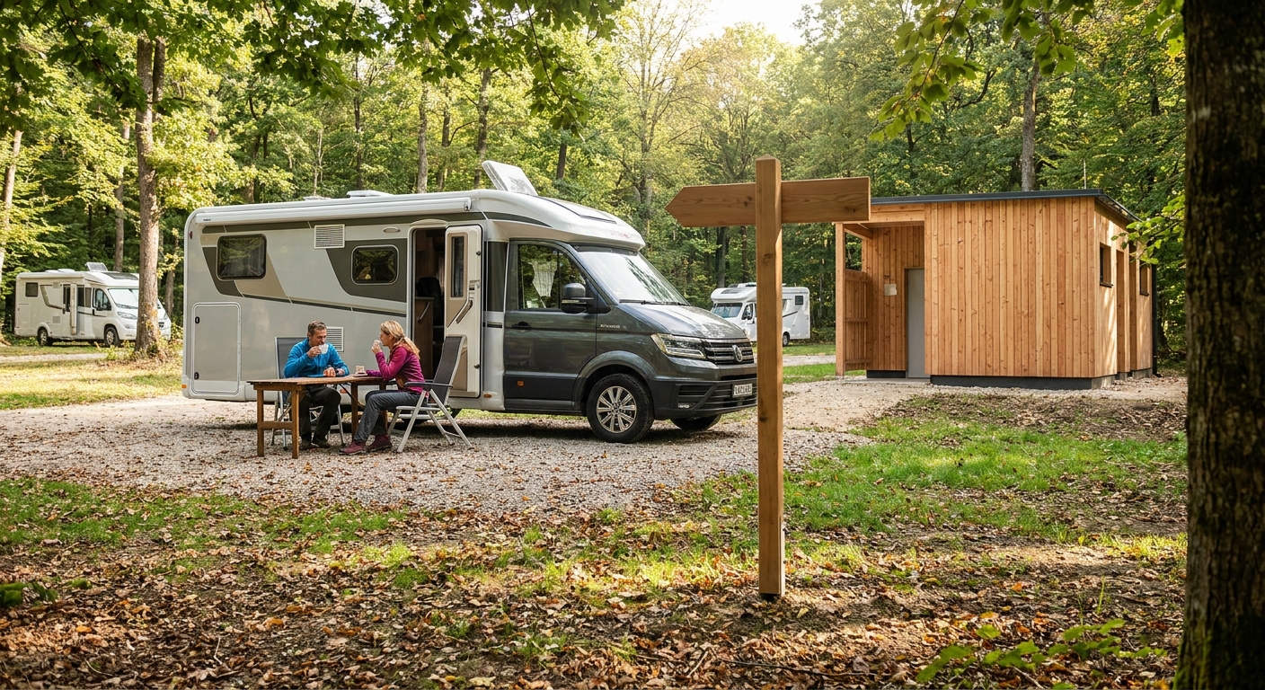 Kurzzeitstellplatz Wohnmobil im Wienerwald: 90 bis 100 m² Parzellen, Strom, Trinkwasser, Abwasser und 5-Sterne-Sanitär. 30 km nach Wien, ideal Richtung Ungarn.