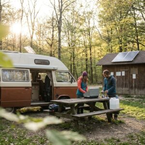 Ein idyllischer Campingplatz im herbstlichen Wald mit einem Wohnmobil, zwei Personen an einem Picknicktisch und einer kleinen Hütte mit Solarpanel im Hintergrund.