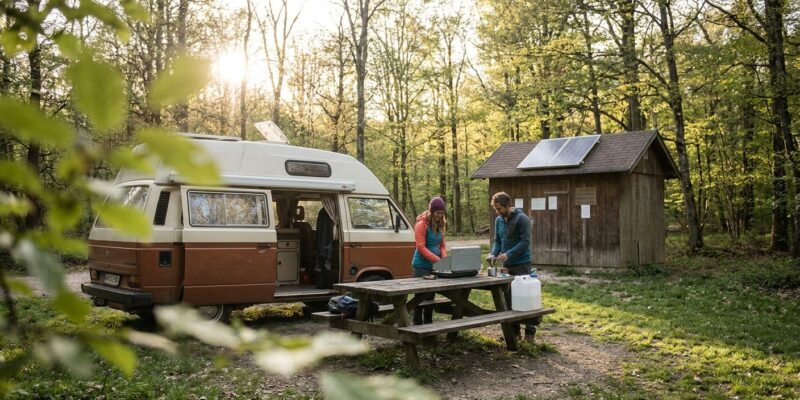 Ein idyllischer Campingplatz im herbstlichen Wald mit einem Wohnmobil, zwei Personen an einem Picknicktisch und einer kleinen Hütte mit Solarpanel im Hintergrund.