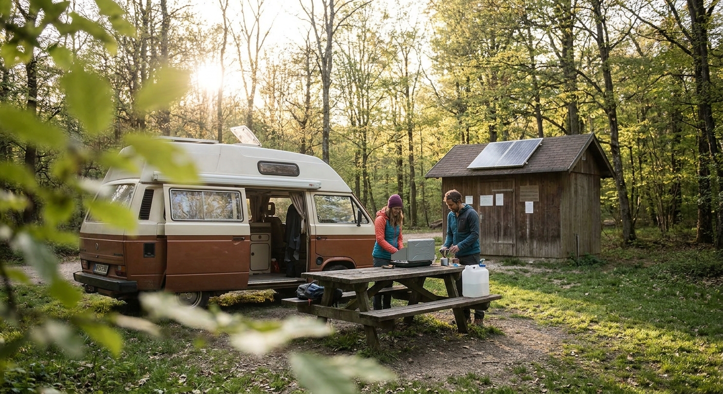 Ein idyllischer Campingplatz im herbstlichen Wald mit einem Wohnmobil, zwei Personen an einem Picknicktisch und einer kleinen Hütte mit Solarpanel im Hintergrund.