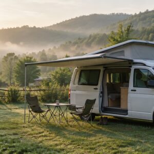 Campervan auf einem Wiesenstellplatz am Waldrand im Wienerwald im Morgenlicht