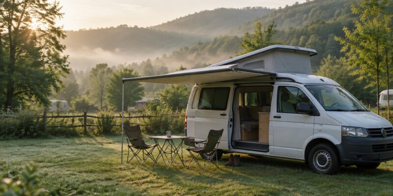 Campervan auf einem Wiesenstellplatz am Waldrand im Wienerwald im Morgenlicht