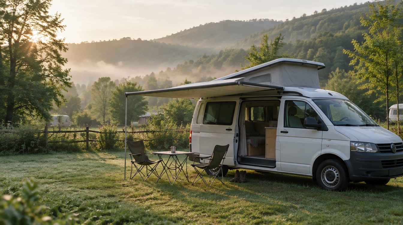 Campervan auf einem Wiesenstellplatz am Waldrand im Wienerwald im Morgenlicht