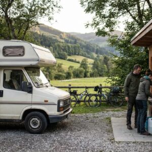 Ein Paar füllt Wasserkanister neben einem Wohnmobil auf einem Campingplatz auf.