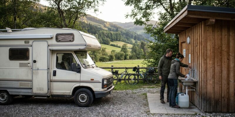 Ein Paar füllt Wasserkanister neben einem Wohnmobil auf einem Campingplatz auf.
