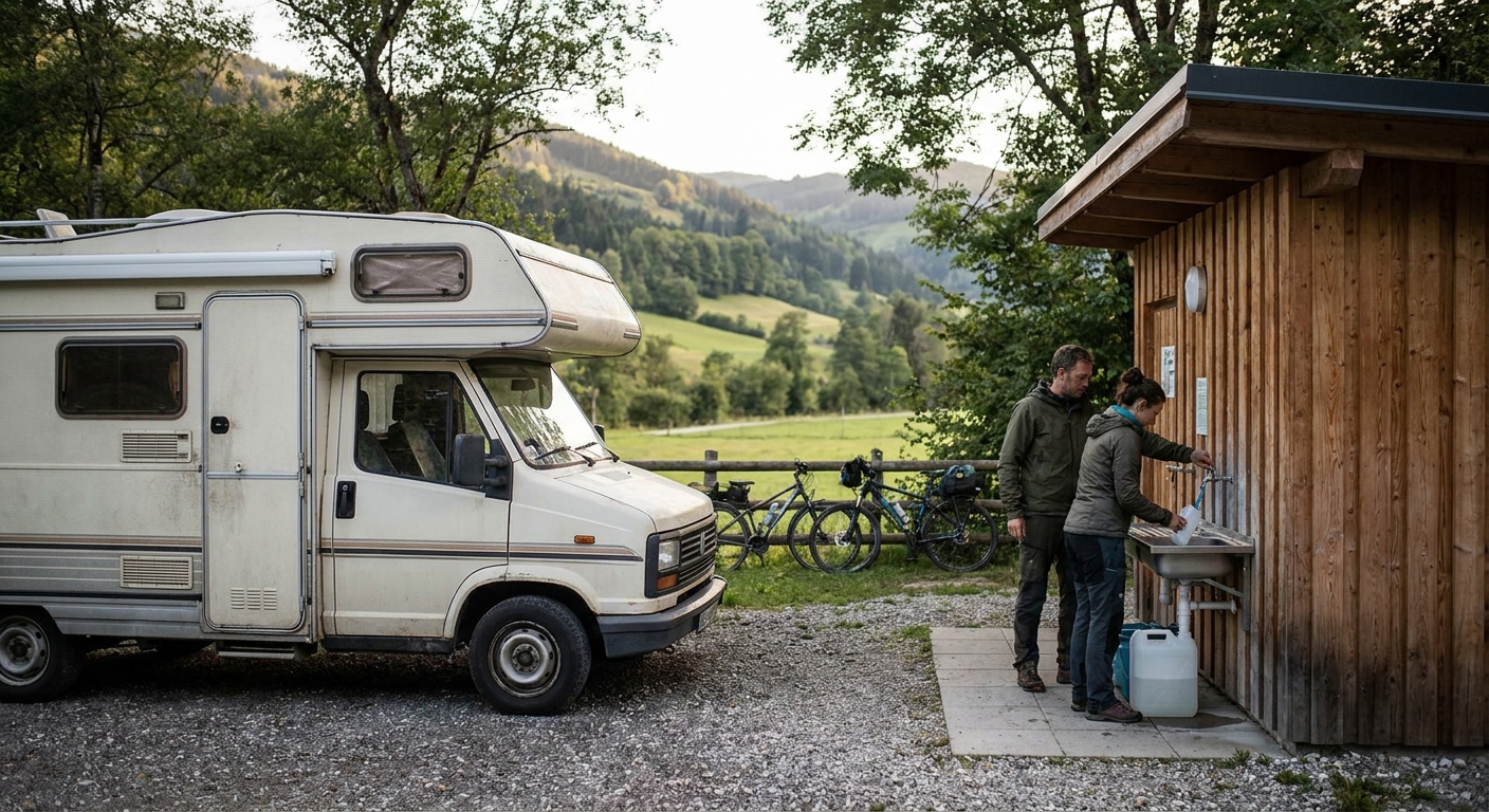 Ein Paar füllt Wasserkanister neben einem Wohnmobil auf einem Campingplatz auf.